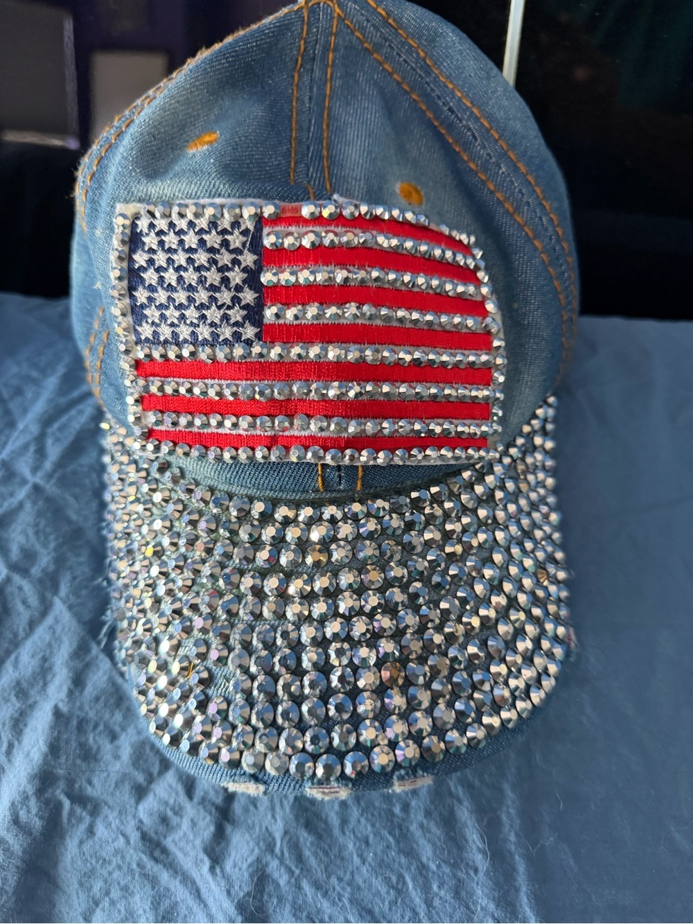Denim Rhinestone American Flag Baseball Cap